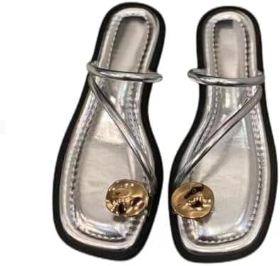Women'S Leather Strappy Flat Metal Toe Ring Sandals Fashionable Square Open Toe Low Block Heel Slip-On Clip Toe Slide Sandals Casual Summer Beach Slipper