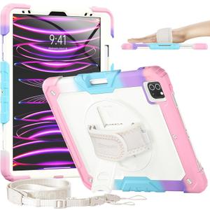 Timecity for iPad Pro 12.9 Case 6th/5th/4th/3rd Gen, 360 Rotating Stand, Pencil Holder & Wireless Charging, Shockproof with Screen Protector & Shoulder Strap - for Designers & Professionals-Pink Camo
