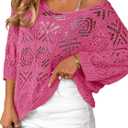 Saodimallsu Womens Crochet Cover Up Top Summer 3/4 Sleeve Off Shoulder Sweater Shirts Mesh Boho Beach Swimsuit Coverup (Pink, M)