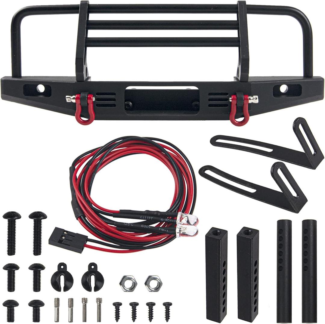 Vgoohobby Aluminum Front Bumper with LED Headlights Tow Hook Compatible with Traxxas TRX4 TRX4 Axial SCX10 SCX10II 90046 90047 1/10 RC Crawler Car