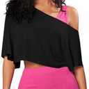 SOLY HUX Women's Off The Shoulder Tee Yoga Workout Crop Top Half Sleeve Asymmetrical Neck Activewear T Shirt M
