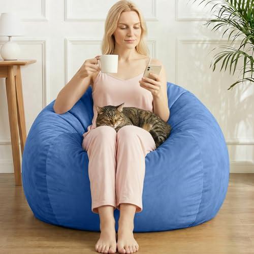 AZHCHKE Stuffed Animal Storage Bean Bag Chair Cover for Adults (No Filler), Soft Comfy Velvet Beanbag Chair Cover Machine Washable, Adults Bean Bag Chair with Handle for Living Room Bedroom, Dark Blue