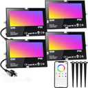 LED Flood Light Outdoor 500W Equivalent 5000LM,Bluetooth RGBW Colored Floodlight Landscape Lighting with APP Control,DIY Scenes,Timing, IP66 Waterproof,2700K,Color Changing Uplight with Ground Stakes