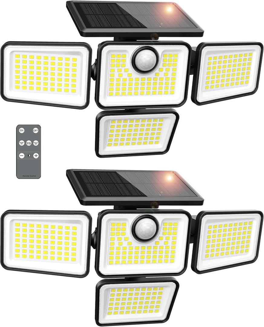 Solar Lights Outdoor, 6000LM 4 Heads Motion Sensor Lights, 3 Mode, IP65 Waterproof Solar Security Wall Lights, Remote Control Flood Lights for Garden, Outside, Backyard, 2 Pack