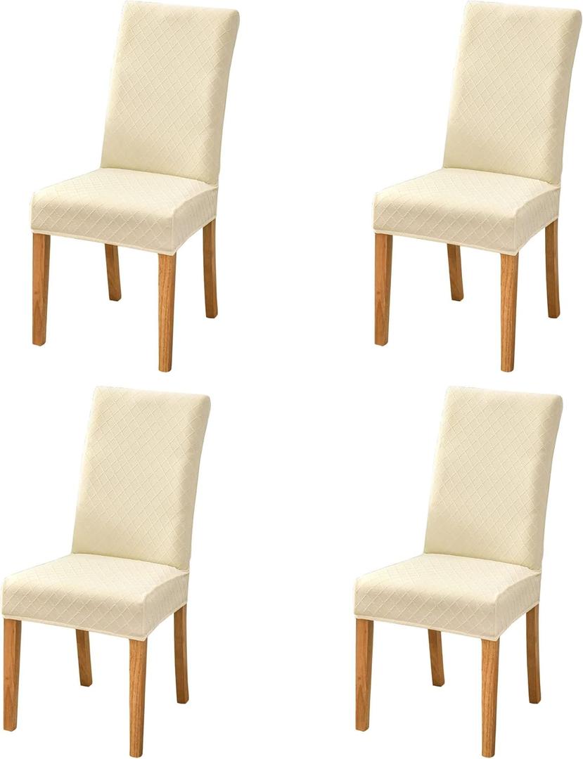 SoulFeel Set of 4 Lattice Chair Covers, Removable and Washable Stretch Spandex Jacquard Parsons Dining Room Chair Seat Protector Slipcovers for Kitchen (Solid Champagne)