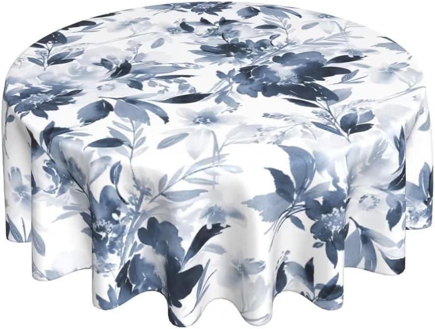 Spring Navy Blue Tablecloth Round 70 Inch, Dark Blue and White Flower Tablecloths Tablecloths Polyester Floral Table Cloth for Holiday Parties Kitchen Dining Indoor Outdoor