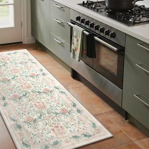 Bavni 2'6''x6 Runner Rug,Microfiber Washable Non-Slip Vintage Floral Rugs,Low Pile Lightweight Carpet for Bedroom,Hallway,Entryway,Kitchen,Bathroom, Beige&Pink