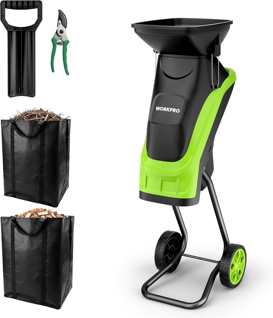 WORKPRO Electric Wood Chipper Shredder, 15-Amp 4300RPM Corded Leaf Mulcher, 1.73 Max Capacity, 14:1 Reduction Ratio, SK5 Dual-Blade System, Portable Garden Shredder with Wheels & Collection Bag