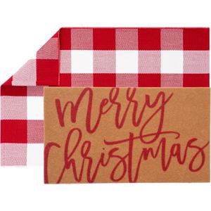 2 Pcs Merry Christmas Door Mats, Welcome Doormats with Layered Plaid Rug, Christmas Front Door Rugs for Entrance Porch Winter Holiday Outdoors Decor 17 x 29 Inch (Merry Christmas)