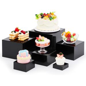 Leinuosen 6 Pcs Acrylic Buffet Risers Stands for Food Display Cubes Box, 3 to 8 Inch Square Catering Table Dessert Decorative for Wedding Brunch Setup Party Jewelry Collectibles, Hollow Bottom (Black)