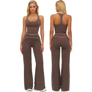 ABOCIW Two Piece Workout Sets for Women Racerback Tank Top Matching High Waist Wide Leg Yoga Pants Pilates Outfits, Small