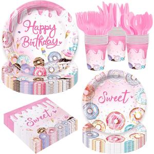 Donut Theme Birthday Party Supplies for Girls 1st 2nd 3rd Birthday Disposable Tableware Set Plates Napkins Cups Cutlery Serves 24 Guests