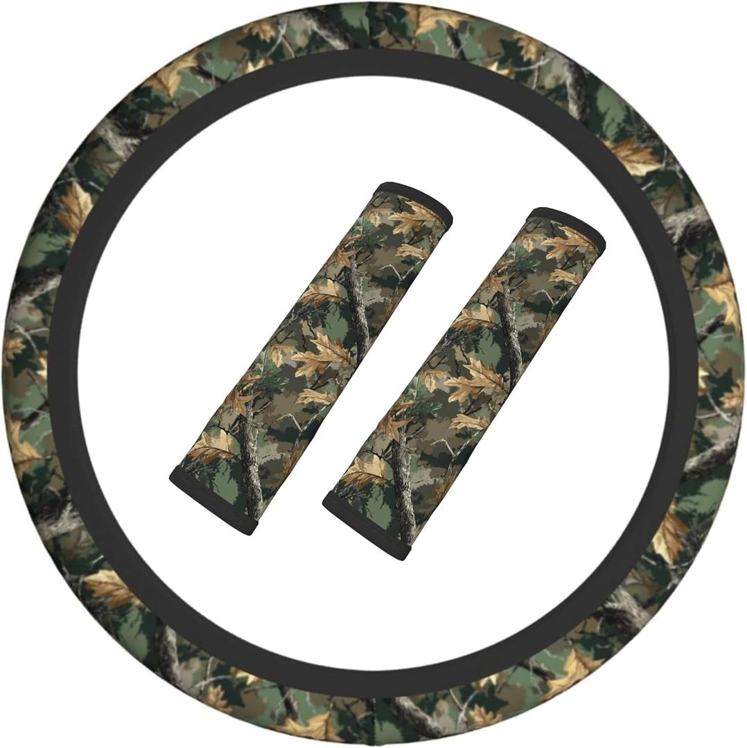Camouflage Forest Steering Wheel Cover Elastic Non-Slip Car Steering Wheel Covers with Seat Belt Shoulder Pad for Women Men