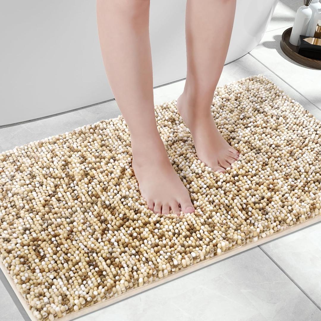 Yimobra Bath Mats for Bathroom Non Slip, 28x17.5, Extra Soft Chenille Bathroom Rugs, Fluffy Plush Luxury Shower Mat Outside, Water Absorbent, Machine Washable, Beige & Light Coffee