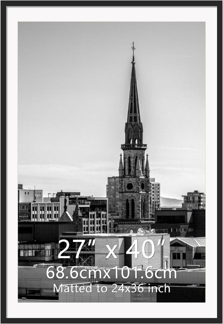 Hoikwo 27x40 Black Plastic Frame with Plastic Cover, Display Pictures 24x36 with Mat or 27x40 Without Mat, 1 Pack 27 by 40 Frame for Wall Hanging, 27x40 Matted to 24x36