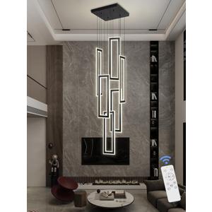 Modern Chandeliers, Black Chandelier with 6 Ring Led Foyer Chandeliers,Larger High Ceiling Chandelier for Living Room,Square Chandeliers for Entryway Staircase LED Dimming 2700k-6000k