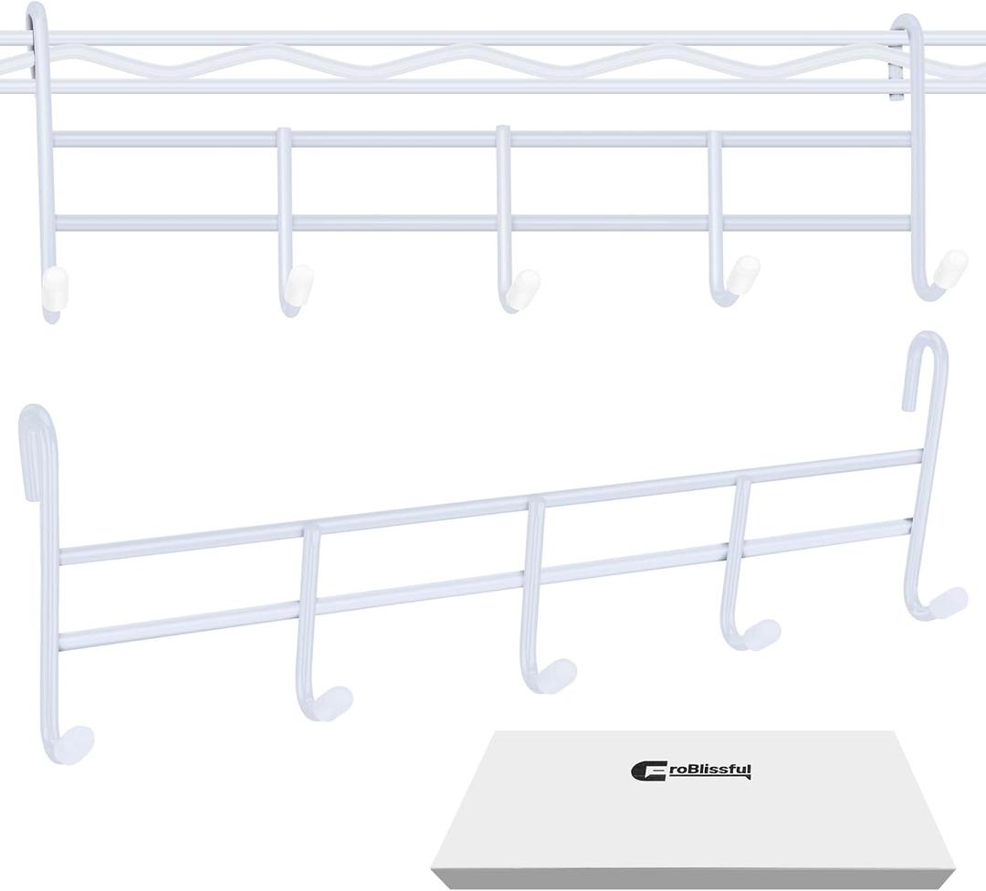 CroBlissful 2 Pcs 5 Hook Attachment for Wire Shelving 1.5 x 12 x 4 Inch Hanging Hooks Rack Wire Chrome Plated Steel Shelf Accessories Metal Hook Bars for Storage Display Organizer (White)