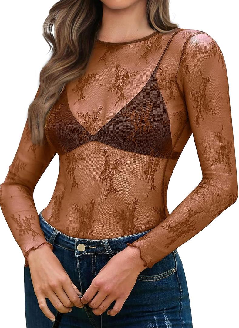 OFEEFAN Womens Mesh Tops Lace Long Sleeve Shirts Crewneck Slim Fitted Outfits See Through Blouses (Brown, XXL)