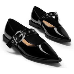 Coutgo Womens Mary Jane Flats Closed Pointed Toe Ballet Flat Studded Metal Adjustable Buckle Dress Shoes (8, Black)