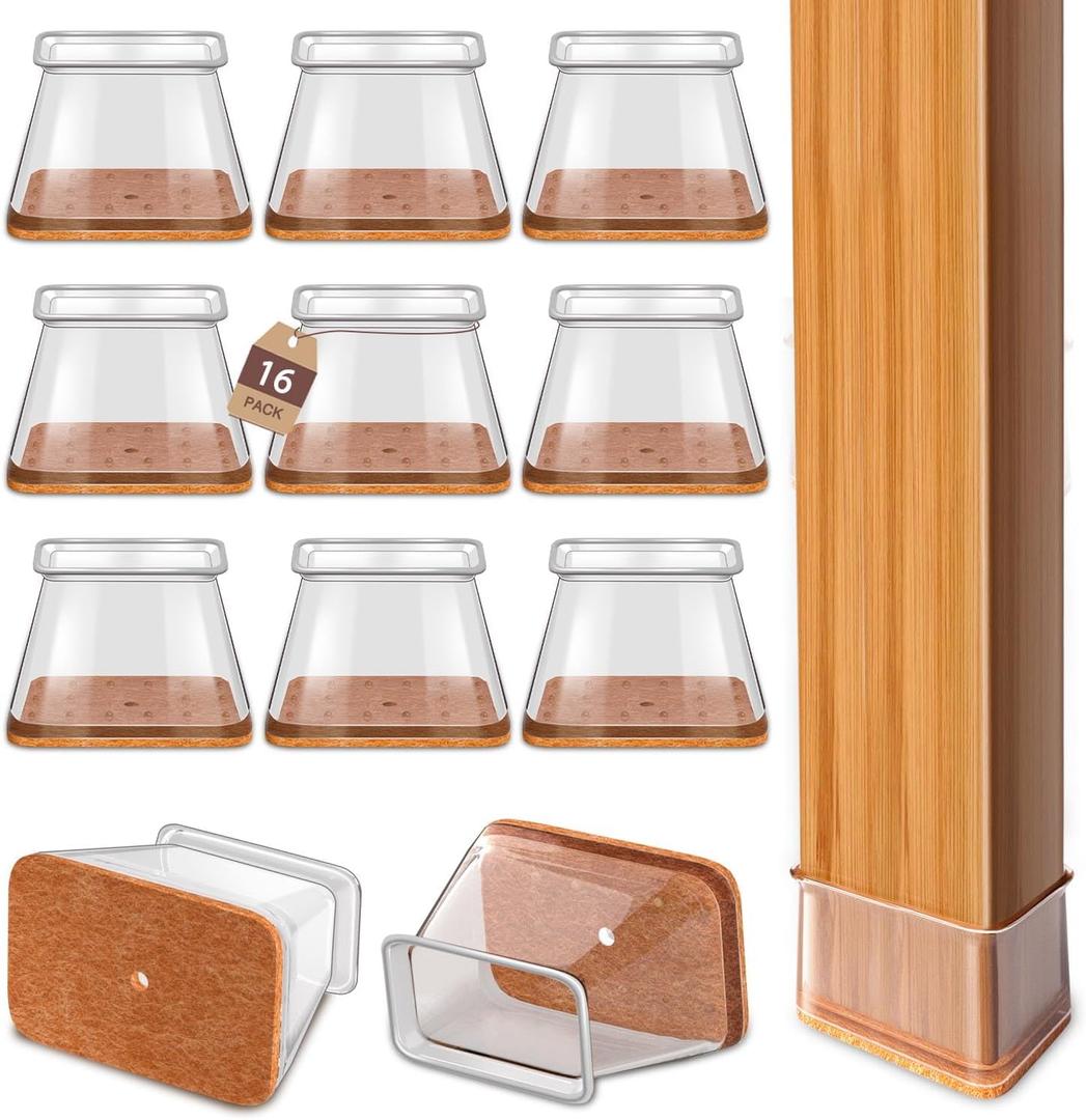 Chair Leg Floor Protectors Rectangle Chair Leg Protectors for Hardwood Floors Silicone Caps Felt Furniture Pads Covers Anti-Scratch Reduce Noise 16 Pack Clear Fit Perimeter 3-3/4'' to 4-7/8''