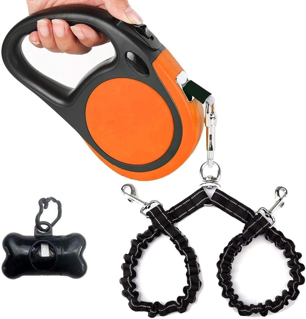 Dual Retractable Dog Leash for Small Breed (Up to 44 Lbs Each) - Double Headed 16 ft Extendable Pet Leash with Poop Bags, Non Slip Grip - One Button Break & Lock, 360 Tangle-Free (Orange, Medium)
