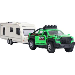 Pickup Truck Trailer Towing Toy Camper 2 in 1 Playset RV Motorhome Toys for Boys Diecast Model Car Metal Pull Back Toy Cars 1/36 Scale SUV Doors Open Light Sound Kids Birthday Gifts, Green