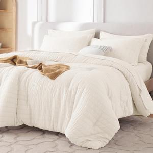 MUXHOMO 7 Pieces Full Comforter Set, Seersucker Bed in a Bag Full Size, All Season Luxury Bedding Set with Comforter, Flat Sheet, Fitted Sheet, Pillowcases & Shams, Ivory (Full (82"x86"))