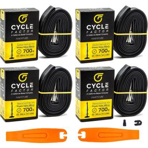 Cycle Factor 700c 23/28mm Width Presta Valve 48mm Innertube with Removable Valve core and kit (4-Pack w/tire levers and core Remover kit)