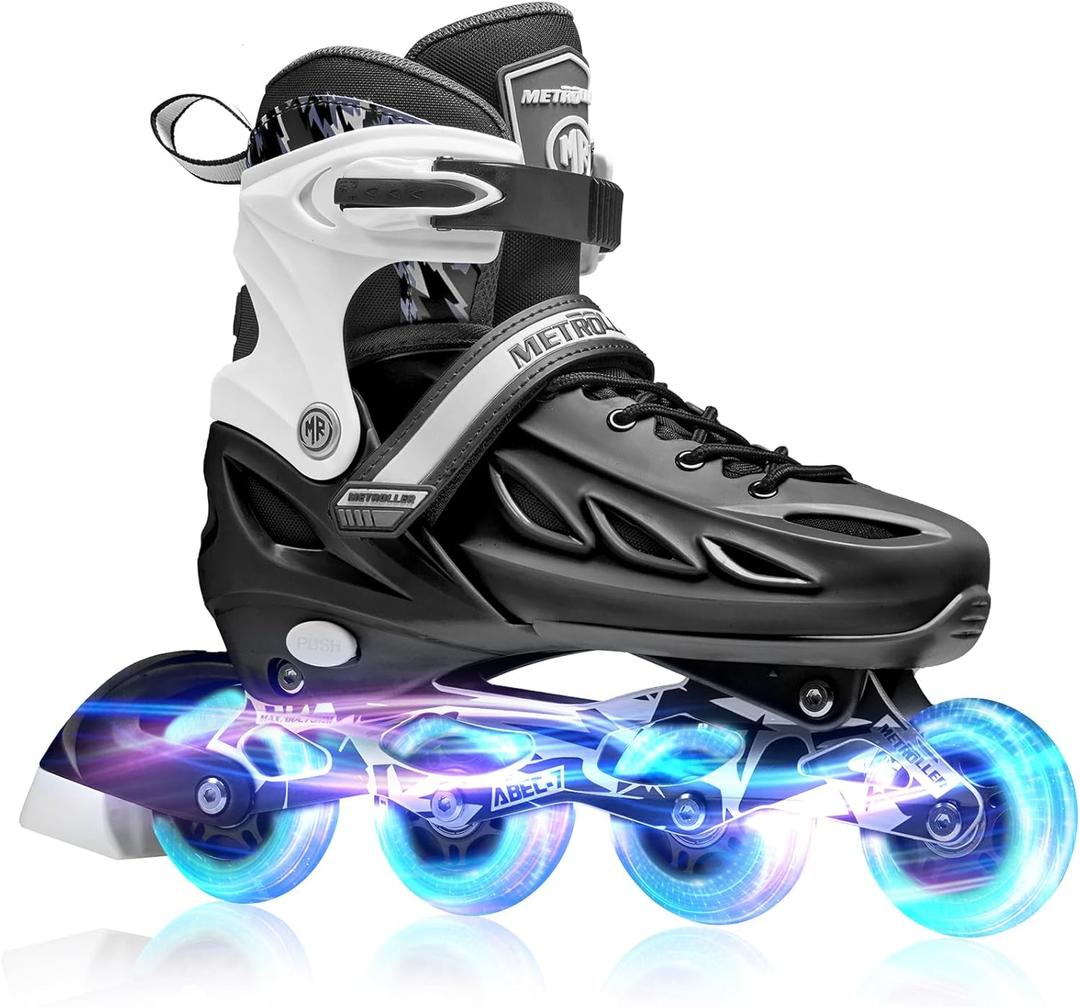 METROLLER Inline Skates for Girls and Boys, Women, Men 4 Sizes Adjustable Inline Skates with Light Up Wheels, Illuminating Beginner Skates for Kids 5-8 8-12 & Adult Youth. (Black)