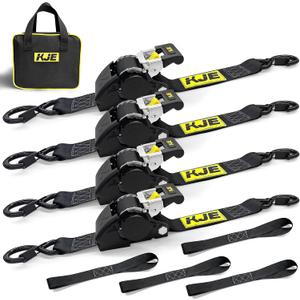 KJE Retractable Ratchet Straps, (4) 2" x 10' Automatic Tie Down Strap Sets + (4) Soft Loops - Heavy Duty 3,300lb Max Break Strength, S-Hook with Clip, Self Retracting Strap for Motorcycle, Kayak, ATVs, 2" x 10' + 1.5" x 17''