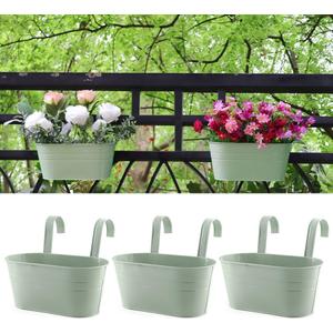 Meltset 3 Pack Metal Iron Hanging Flower Pot, Oval Railing Fence Garden Balcony Planter Pots, Metal Bucket Flower Holders for Wall Indoor Outdoor Home Dcor, Green
