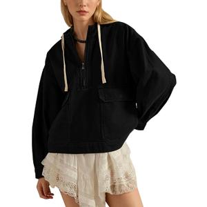 HangNiFang Womens Oversized Hooded Denim Cotton Jacket Cargo Half Zip Pullover Coat with Pockets (Black, S)