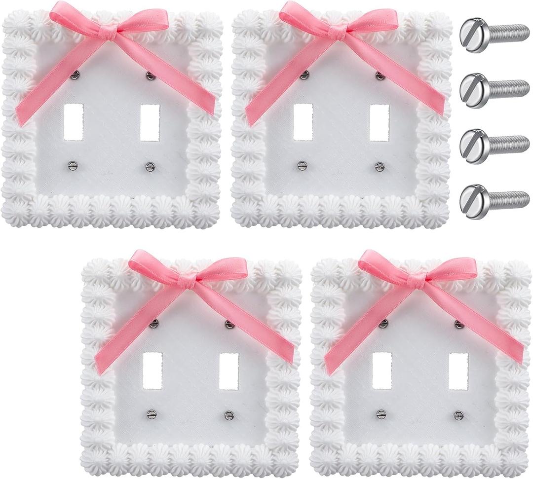 DoubleFill 4 Pcs Pink Bow Light Switch Covers Cute Pink Bow Outlet Covers 3D Decor Duplex Receptacle Wall Plates Preppy Room Decor for Women(4.5 X 4.5,Square)