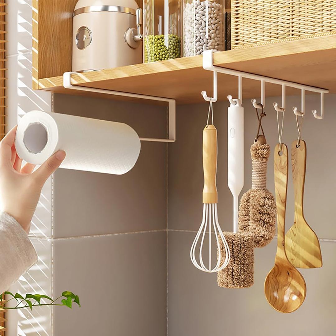 2 Pieces Cabinet Organizers, Under Shelf Storage Paper Towel Holder Mug Hooks Kitchen Organization Accessories for Hanging Roll Paper Towels Coffee Cups Cooking Utensils, Metal (White)