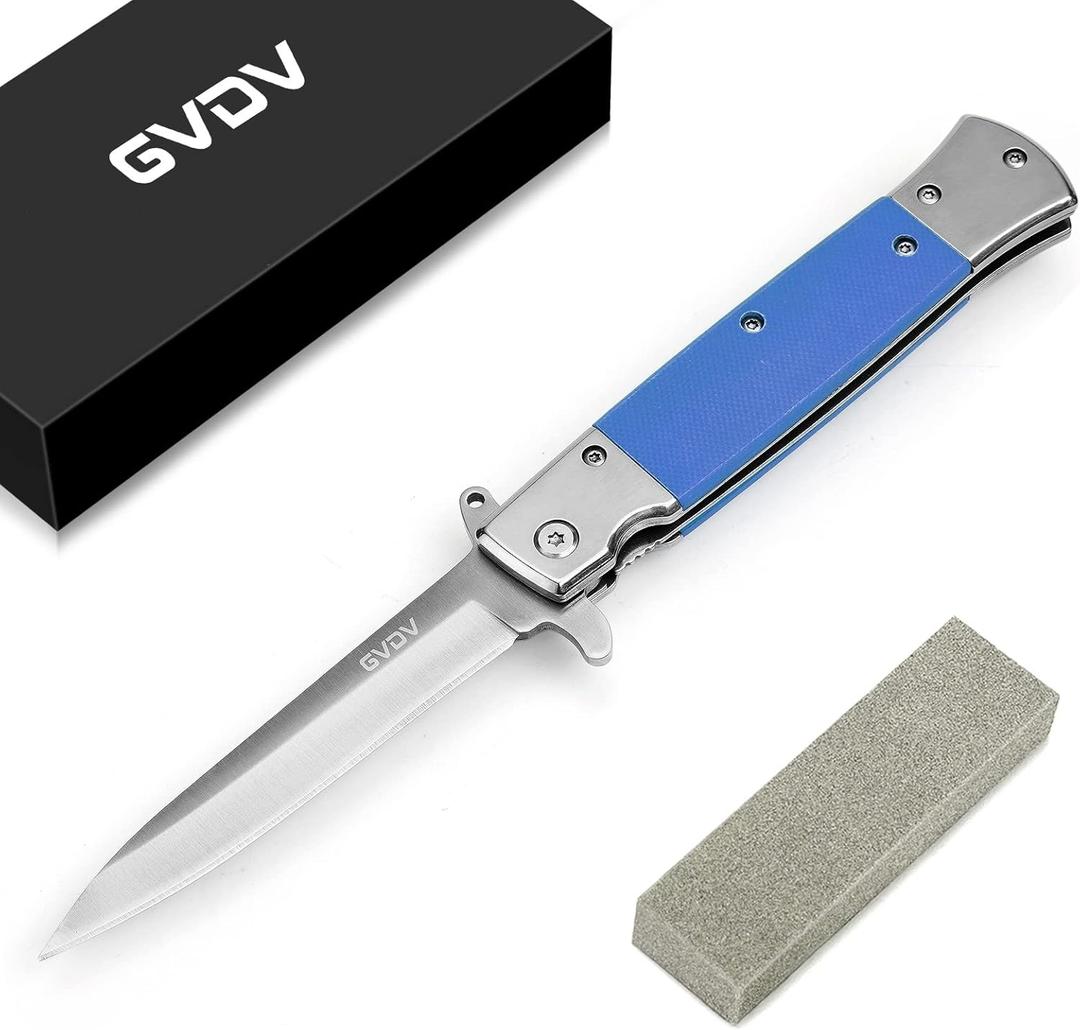 GVDV Folding Pocket Knife with G10 Handle, 7Cr17 Stainless Steel EDC Knife with Safety Liner-Lock, Camping Hunting Survival Knife for Men Women, Blue