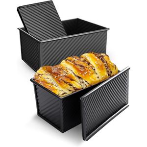 2 Pack Pullman Loaf Pan with Lid, 1 lb Dough Capacity Non-Stick Bakeware for Baking Bread, Carbon Steel Bread Toast Box with Cover, Homemade Sandwich Toast, Black