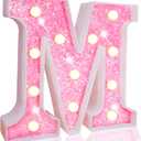 Pooqla LED Marquee Letter Lights, Light Up Pink Letters Glitter Alphabet Letter Sign Battery Powered for Night Light Birthday Party Wedding Girls Gifts Home Bar Christmas Decoration, Pink M