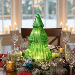 Glass Christmas Tree Light with Timer, Battery Operated Green Lit Xmas Tree Figurine, Lighted Mercury Glass Decor Cordless Cone Crystal Figurine Tabletop Lamp, Light Up rbol de Navidad with Lights