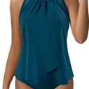 SUUKSESS Women Tummy Control Tankini Bathing Suit Ruffle High Waisted Swimsuit L, 60 Peacock Blue
