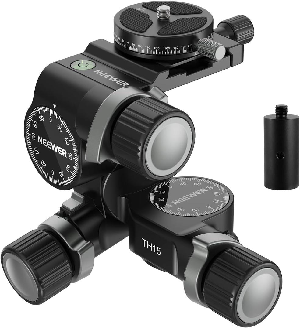 NEEWER 3 Way Geared Tripod Head with 360 Panoramic Arca QR Plate, Millimeter Micro Adjustment, Aluminum Alloy 3 Axis Pan Tilt Head with Quick Switch Large & Fine Dual Modes, Max Load 13.2lb/6kg, TH15