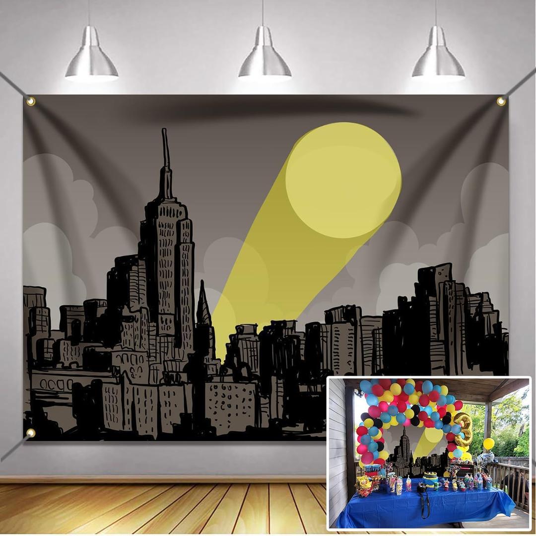 Bat Superhero City Scape Backdrop 5x3ft Full Moon Skyline Hero Party Polyester Banner Kid Adult Super Hero Birthday Party Cake Table Decoration Room Wall Decor Tapestry Photo Background