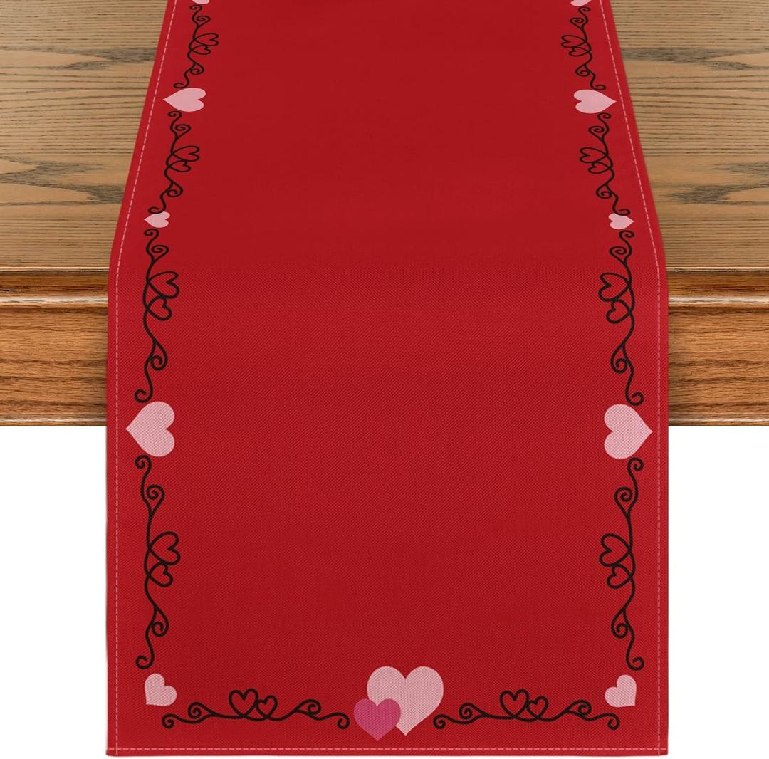 Artoid Mode Heart-Shaped Border 210 GSM Valentine's Table Runner, Romantic Holiday Kitchen Dining Table Decoration for Home Party Decor 13x120 Inch (Red)
