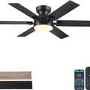52" Black Low Profile Ceiling Fans with Lights and Remote, Modern Flush Mount Ceiling Fans with Quiet DC Motor, 6 Speeds Reversible, 6 Blades