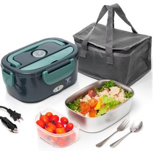 Moss & Stone Electric Lunch Box Food Heater for Adults Green & Gray Food Warmer Lunch Box, 12/24/110v Lunch Box Warmer Portable For Work/Car/Truck, Fork & Spoon & 1.5L Removable S.S Container