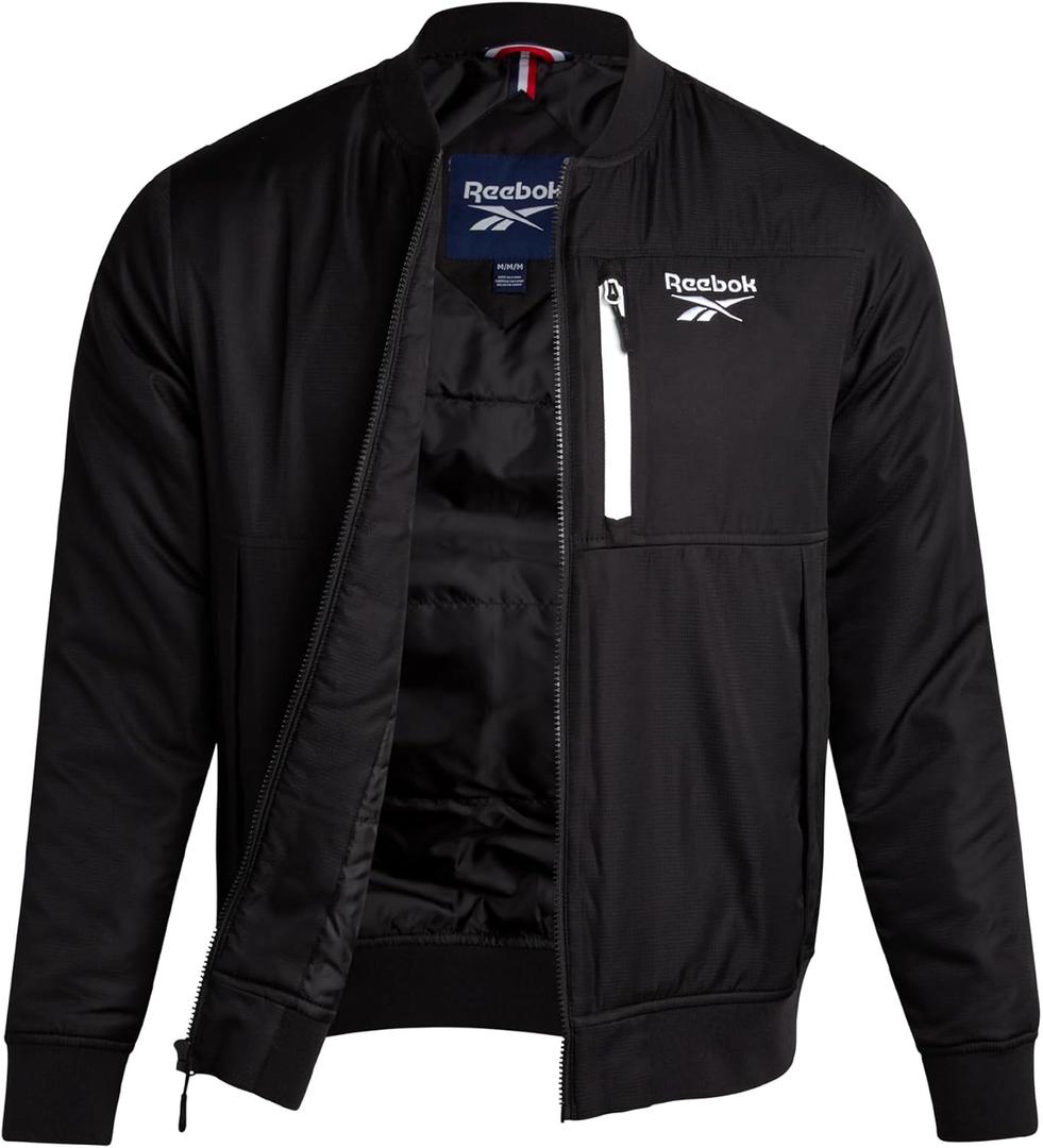 Reebok Mens Bomber Jacket - Insulated Zip Up Windbreaker Jackets for Men - Casual Golf Gym & Hiking Mens Lightweight Jackets (Small, Black)