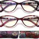 EYEURL Cat Eye Reading Glasses for Womens Set of 2 Blue Light Blocking Readers +1.75 Fashion Ladies Computer Eyeglass Spring Hinge (Red+purple)