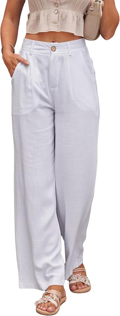 heipeiwa Women's Linen Casual High Waist Wide Leg Straight Dress Cotton Linen Pants Button Trousers (White)