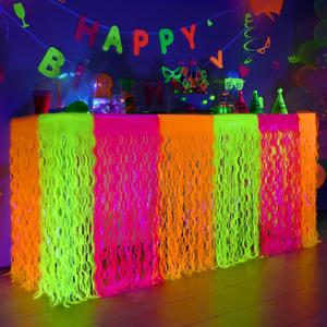 Mega-L Glow in The Dark Party Supplies, 2 Pack Neon Party Decorations Fluorescent Macaron Orange, Yellow and Fuchsia Wavy Metallic Tinsel Foil Fringe Table Skirts, Perfect Table Decors Glow Decors