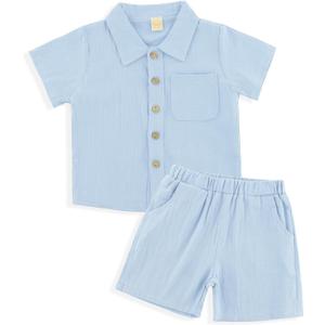 Linen Baby Clothes for Summer Vacation & Beach Hiking, Linen Short with Cotton Linen Top for Girls & Boys (6-7Y, Blue)