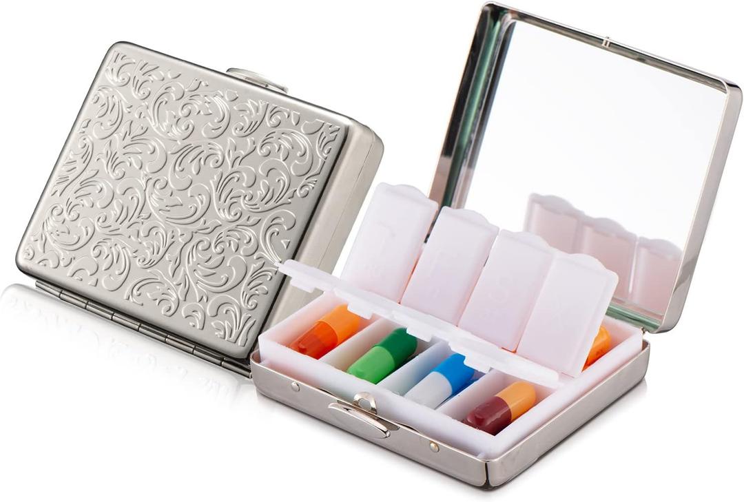 Portable Metal Travel Medicine Box/8 Compartments (Silver)